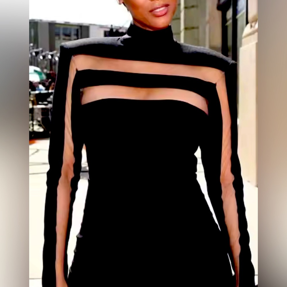YESSica Black Sheer Panel Long Sleeve Top